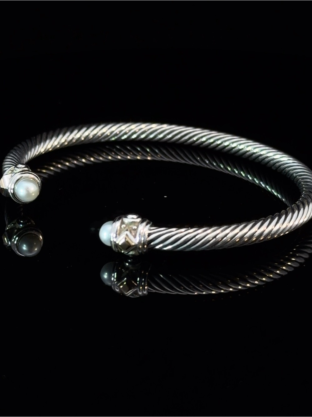 David Yurman Sterling Silver Cable Cuff Bracelet with White Pearls - Picture 5 of 7
